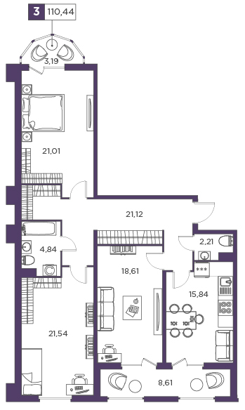 3-комнатная, 110.44 м² — ЖК ЖК Promenade (Променад)