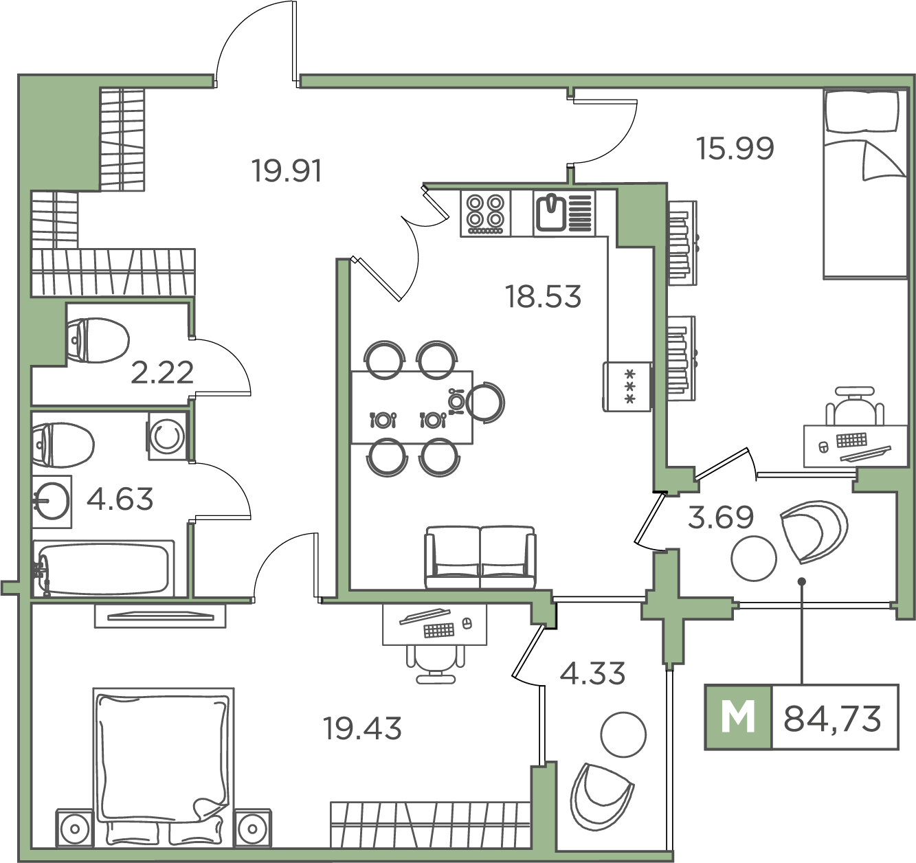 2-комнатная, 84.73 м² — ЖК ЖК Promenade (Променад)