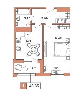 1-комнатная, 45.63 м² — ЖК ЖК Promenade (Променад)