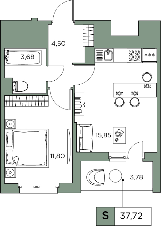 1-комнатная, 37.72 м² — ЖК ЖК Аквилон Sky (Аквилон Скай)