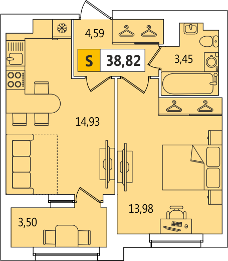 1-комнатная, 38.82 м² — ЖК ЖК ArtКвартал.Аквилон (АртКвартал.Аквилон)