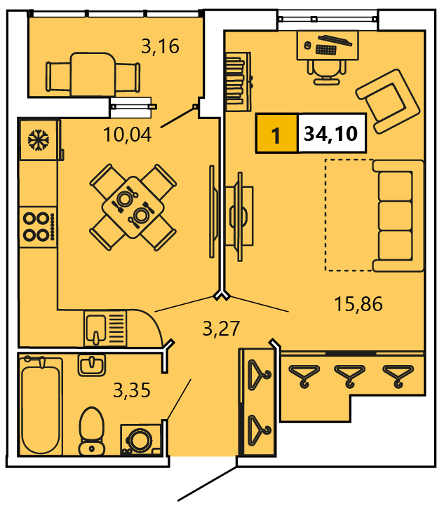1-комнатная, 34.09 м² — ЖК ЖК «Ол Инклюзив (All Inclusive)»