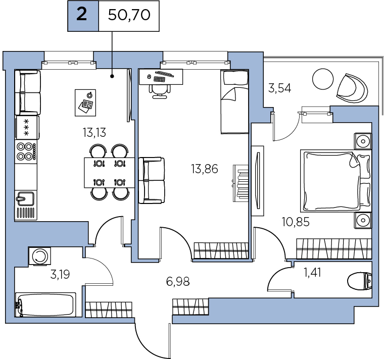 2-комнатная, 50.7 м² — ЖК ЖК Аквилон Sky (Аквилон Скай)