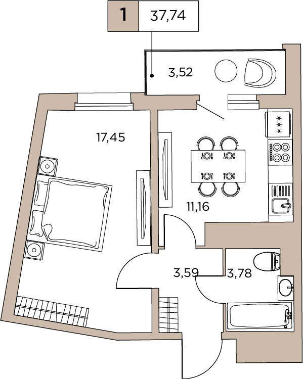 1-комнатная, 37.74 м² — ЖК ЖК Аквилон Sky (Аквилон Скай)