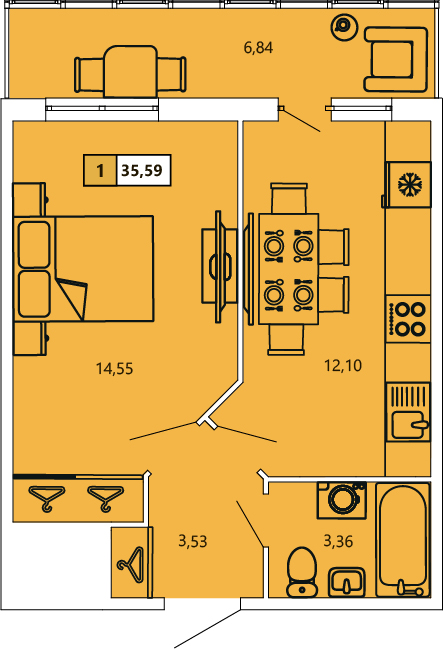 1-комнатная, 35.59 м² — ЖК ЖК «Ол Инклюзив (All Inclusive)»