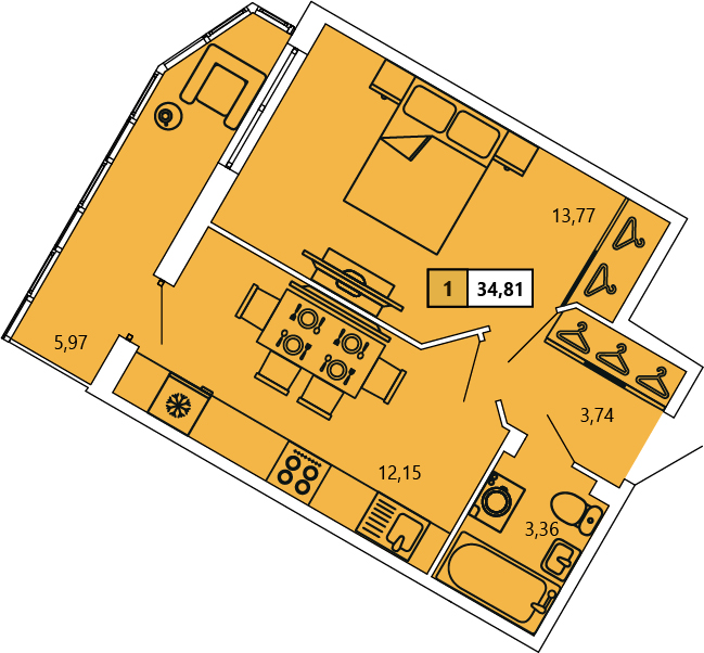 1-комнатная, 34.81 м² — ЖК ЖК «Ол Инклюзив (All Inclusive)»
