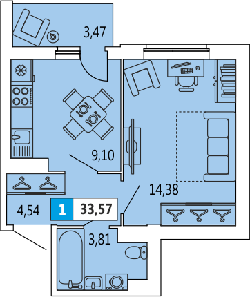 1-комнатная, 33.57 м² — ЖК ЖК 4You (Фо Ю)