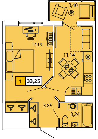 1-комнатная, 33.43 м² — ЖК ЖК «Ол Инклюзив (All Inclusive)»
