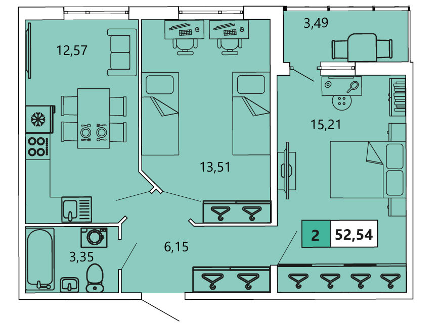 2-комнатная, 52.54 м² — ЖК ЖК «Ол Инклюзив (All Inclusive)»