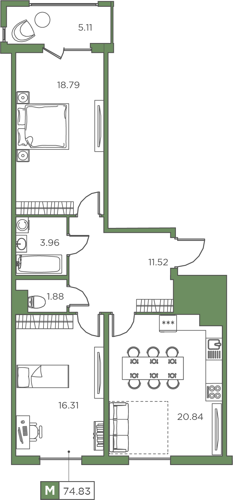 2-комнатная, 74.83 м² — ЖК ЖК Promenade (Променад)