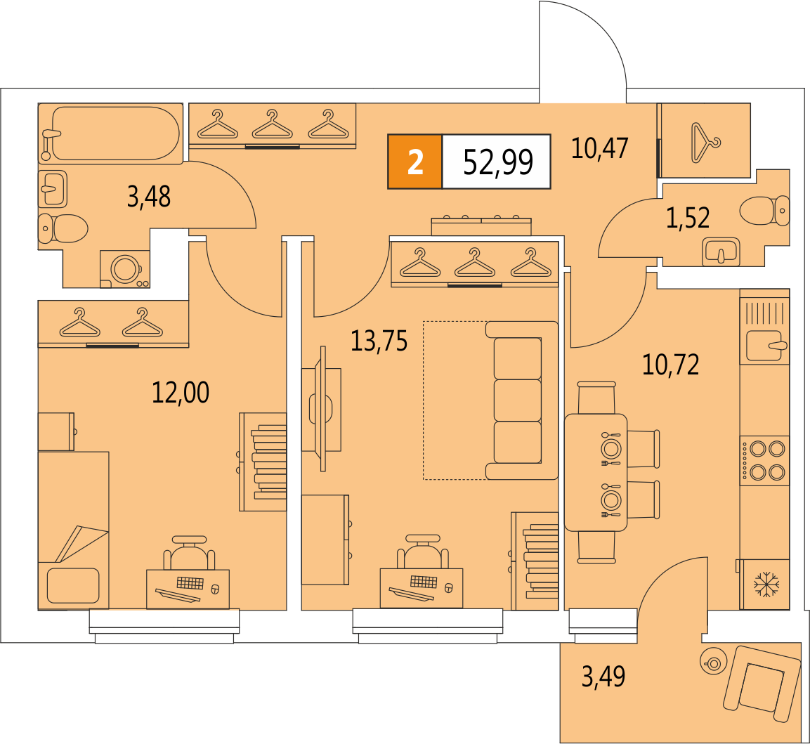 2-комнатная, 52.99 м² — ЖК ЖК 4You (Фо Ю)