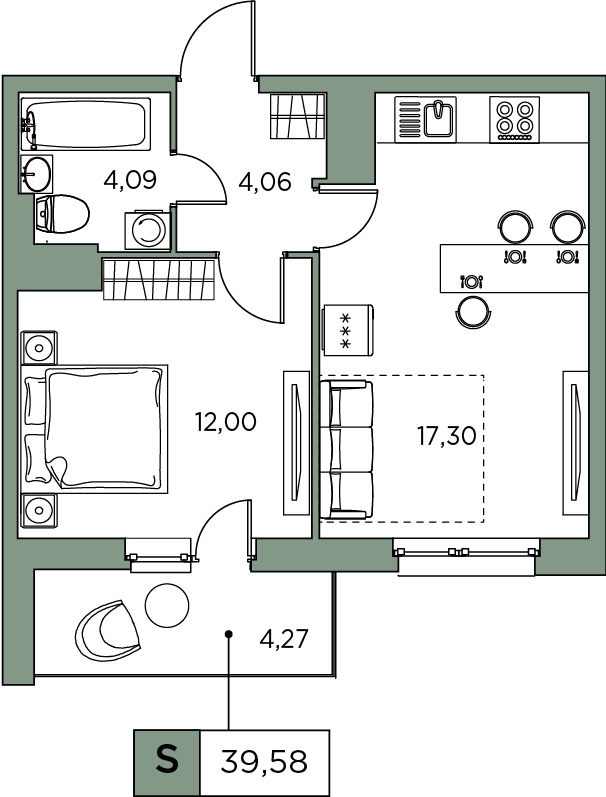 1-комнатная, 39.58 м² — ЖК ЖК Аквилон Sky (Аквилон Скай)