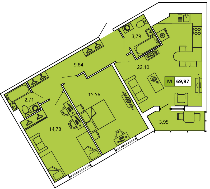 2-комнатная, 69.96 м² — ЖК ЖК «Ол Инклюзив (All Inclusive)»