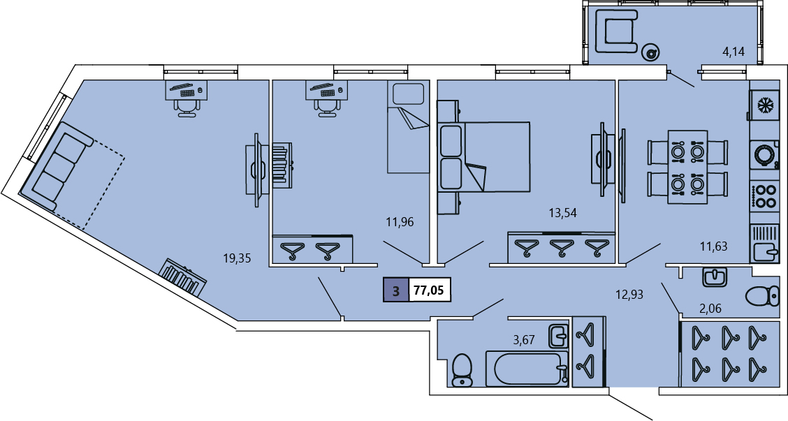 3-комнатная, 77.05 м² — ЖК ЖК «Ол Инклюзив (All Inclusive)»