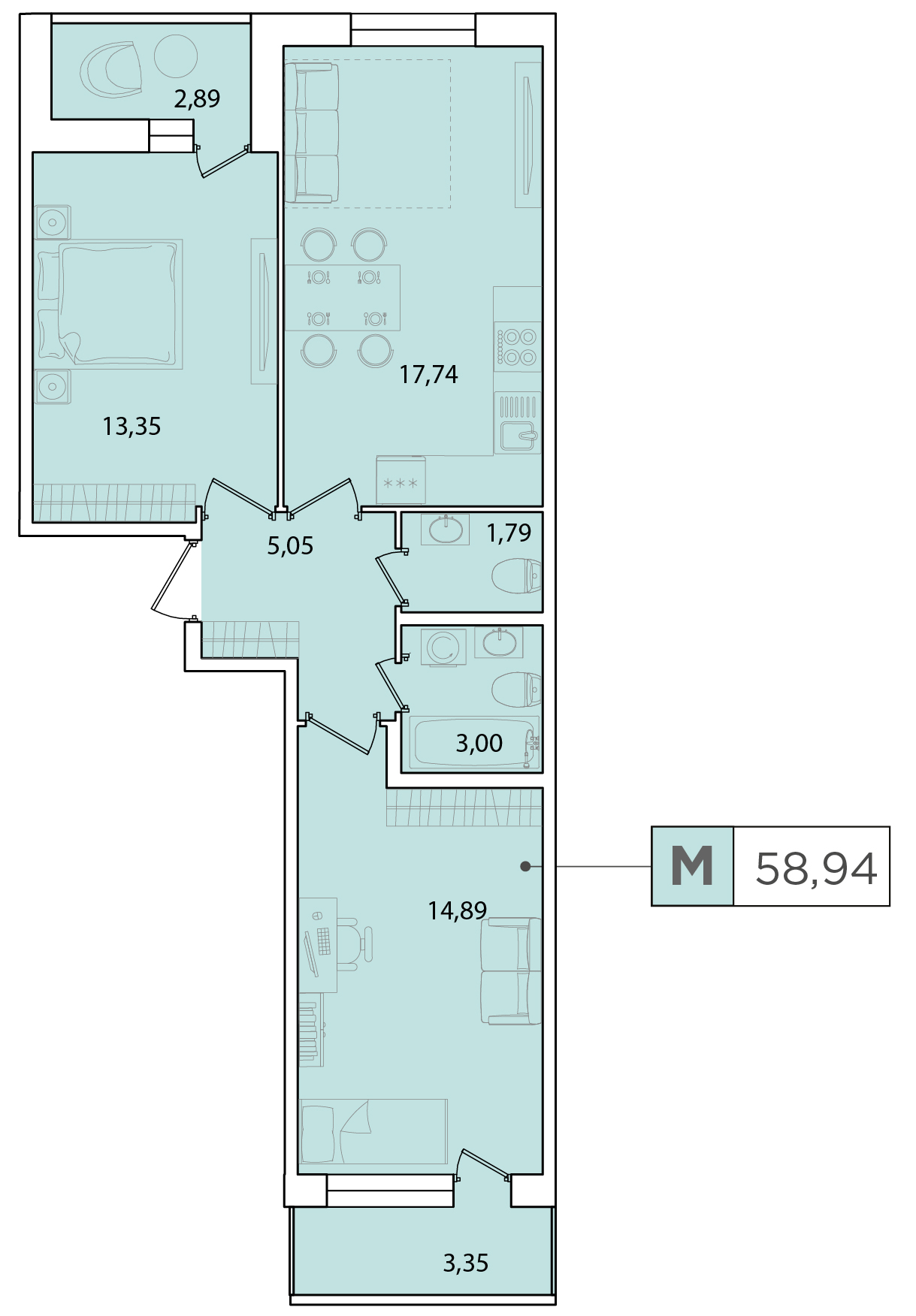 2-комнатная, 58.94 м² — ЖК ЖК Forest Аквилон (Форест Аквилон)