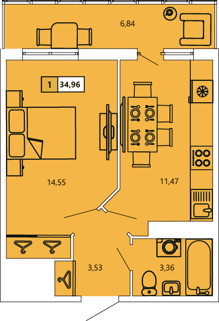 1-комнатная, 34.9 м² — ЖК ЖК «Ол Инклюзив (All Inclusive)»
