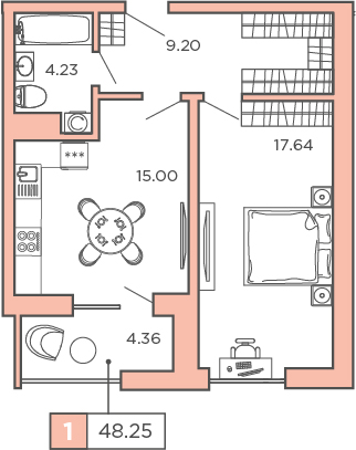 1-комнатная, 48.25 м² — ЖК ЖК Promenade (Променад)