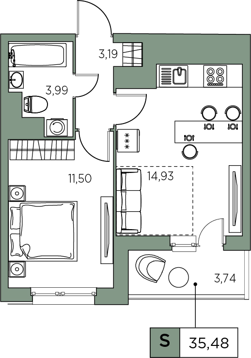 1-комнатная, 35.48 м² — ЖК ЖК Аквилон Sky (Аквилон Скай)