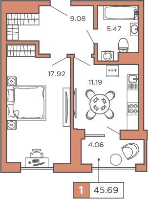 1-комнатная, 45.69 м² — ЖК ЖК Promenade (Променад)