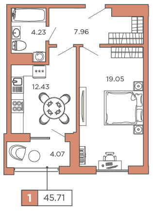 1-комнатная, 45.71 м² — ЖК ЖК Promenade (Променад)