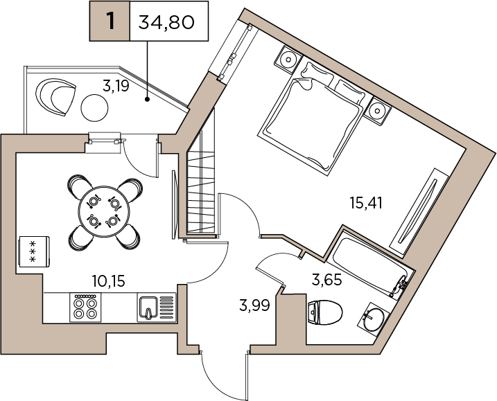 1-комнатная, 34.8 м² — ЖК ЖК Аквилон Sky (Аквилон Скай)
