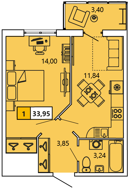 1-комнатная, 33.94 м² — ЖК ЖК «Ол Инклюзив (All Inclusive)»