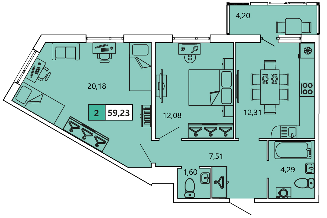 2-комнатная, 59.25 м² — ЖК ЖК «Ол Инклюзив (All Inclusive)»