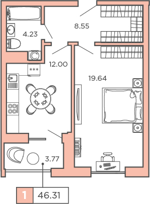1-комнатная, 46.31 м² — ЖК ЖК Promenade (Променад)