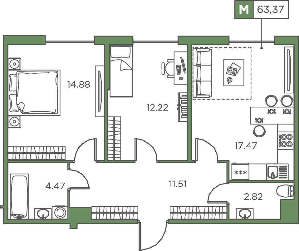 2-комнатная, 63.37 м² — ЖК ЖК Promenade (Променад)