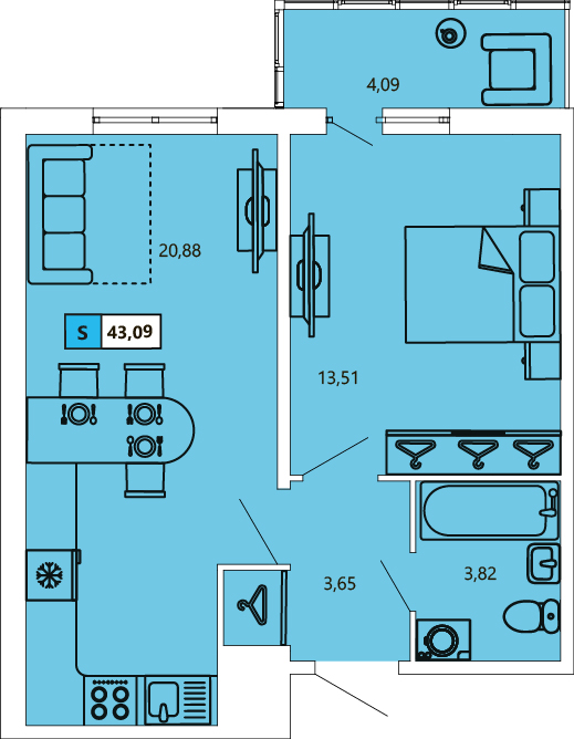 1-комнатная, 43.09 м² — ЖК ЖК «Ол Инклюзив (All Inclusive)»