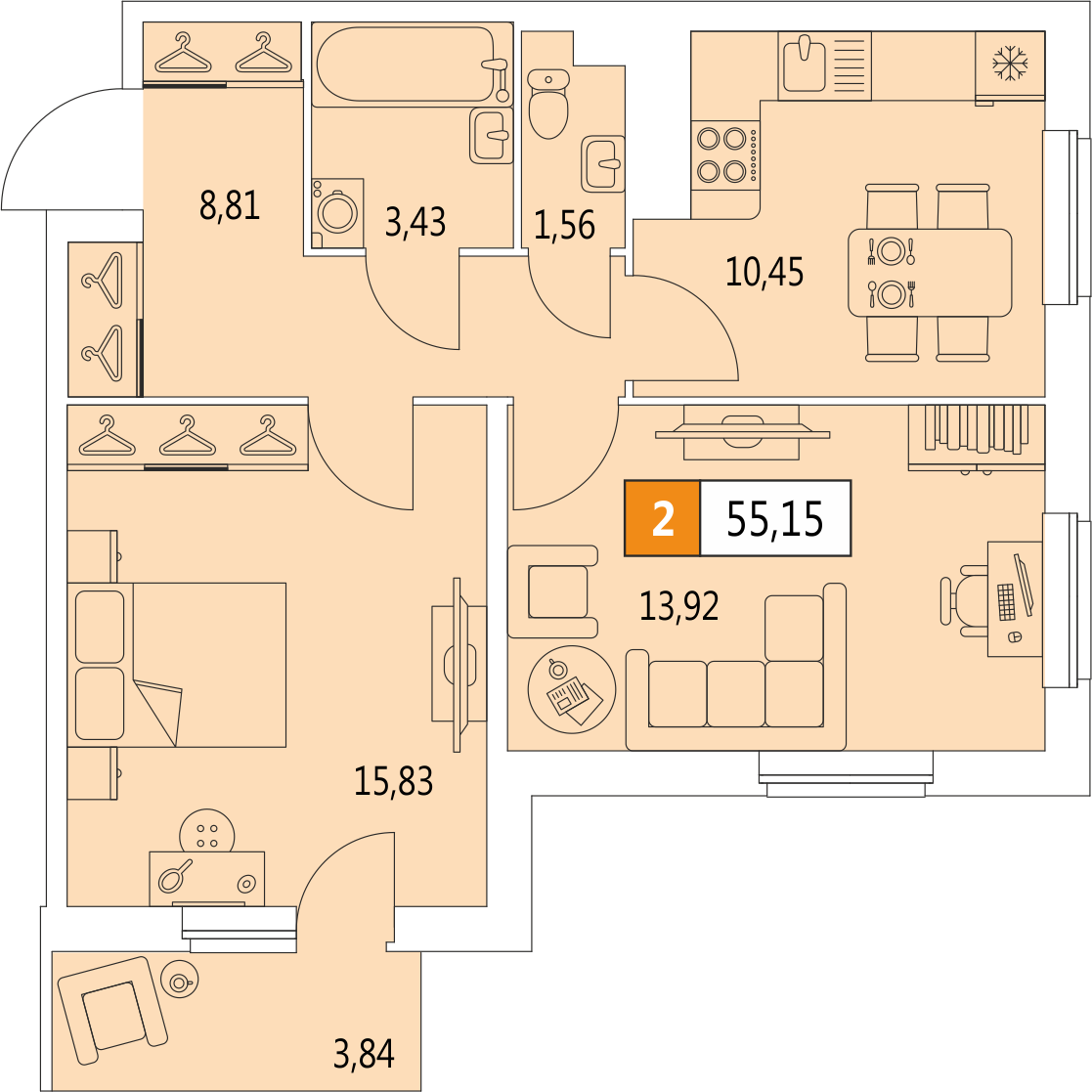 2-комнатная, 55.15 м² — ЖК ЖК 4You (Фо Ю)