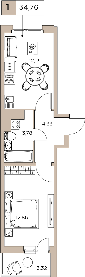 1-комнатная, 34.76 м² — ЖК ЖК Аквилон Sky (Аквилон Скай)
