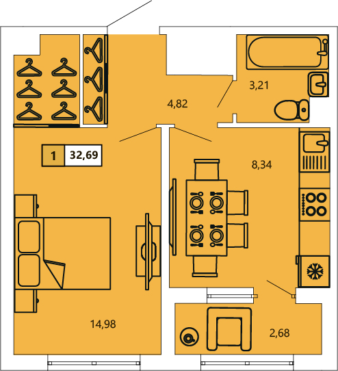 1-комнатная, 32.69 м² — ЖК ЖК «Ол Инклюзив (All Inclusive)»
