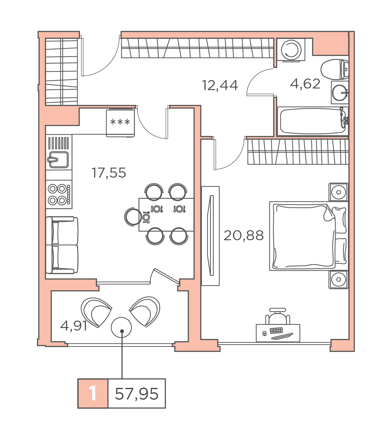 1-комнатная, 57.95 м² — ЖК ЖК Promenade (Променад)