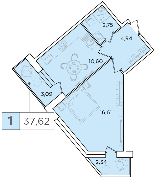 1-комнатная, 37.62 м² — ЖК ЖК Forest Аквилон (Форест Аквилон)