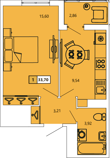 1-комнатная, 33.86 м² — ЖК ЖК «Ол Инклюзив (All Inclusive)»