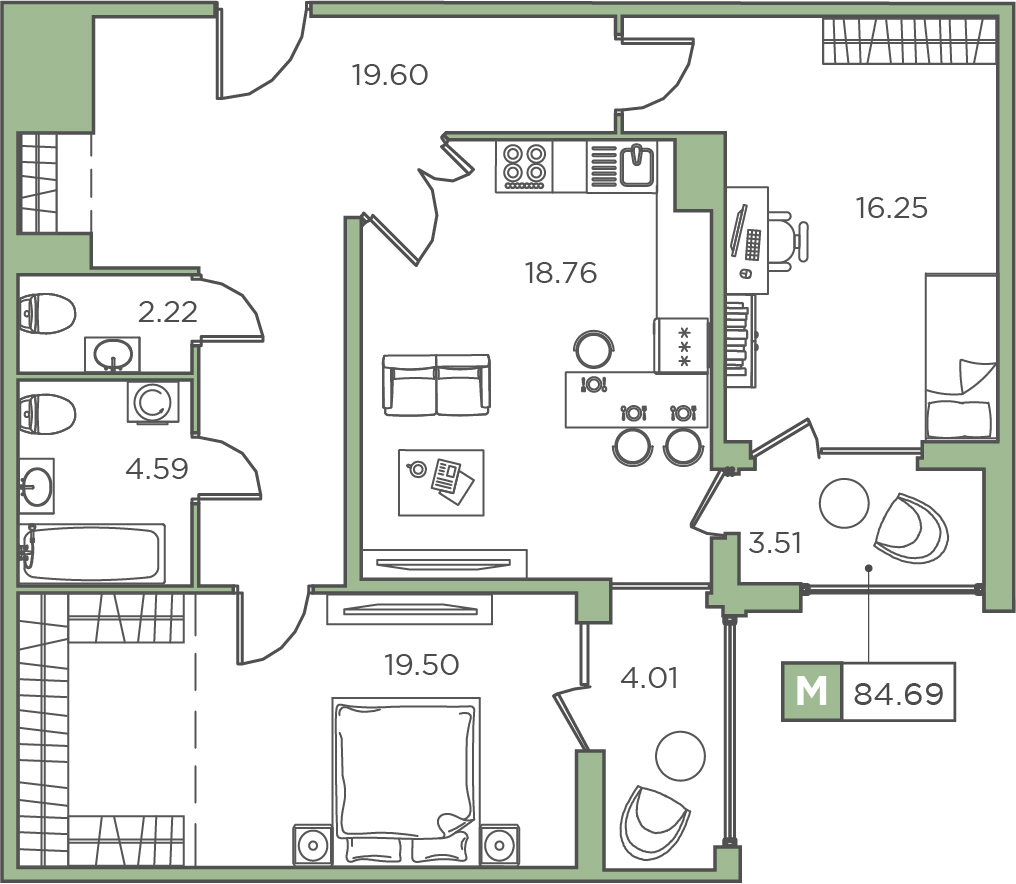 2-комнатная, 84.69 м² — ЖК ЖК Promenade (Променад)