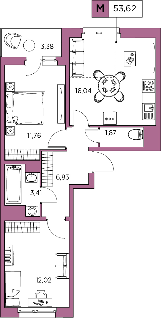 2-комнатная, 53.61 м² — ЖК ЖК Аквилон Sky (Аквилон Скай)