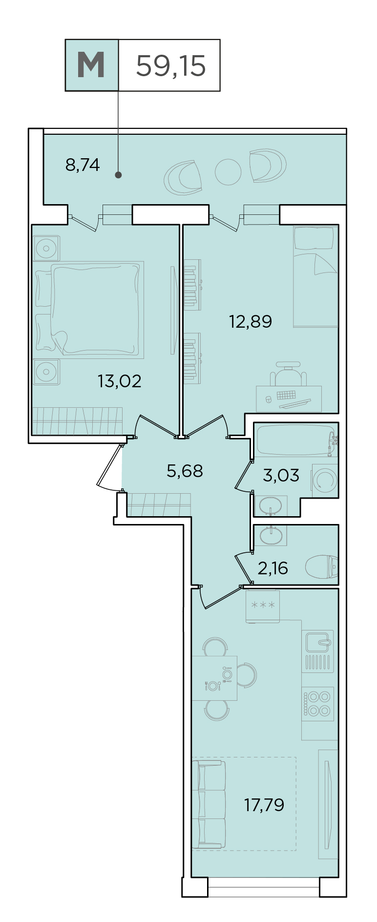 2-комнатная, 59.15 м² — ЖК ЖК Forest Аквилон (Форест Аквилон)