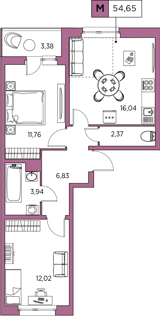 2-комнатная, 54.65 м² — ЖК ЖК Аквилон Sky (Аквилон Скай)