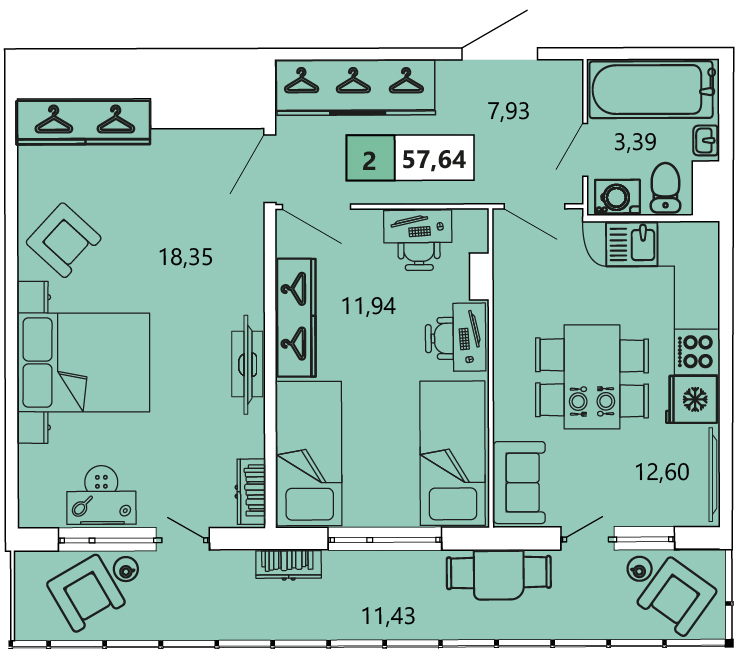 2-комнатная, 57.63 м² — ЖК ЖК «Ол Инклюзив (All Inclusive)»
