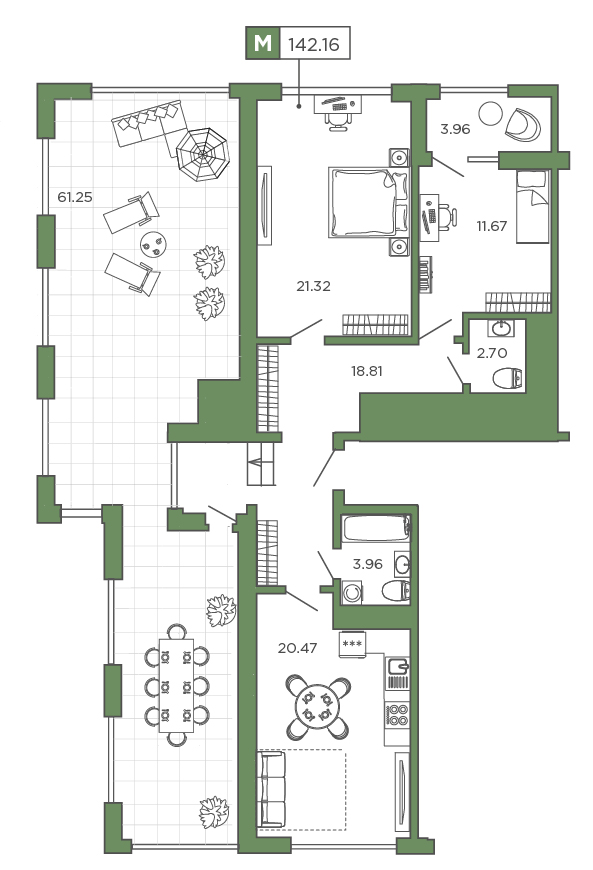 2-комнатная, 142.16 м² — ЖК ЖК Promenade (Променад)