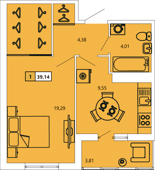 1-комнатная, 39.21 м² — ЖК ЖК «Ол Инклюзив (All Inclusive)»