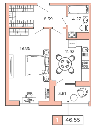 1-комнатная, 46.55 м² — ЖК ЖК Promenade (Променад)