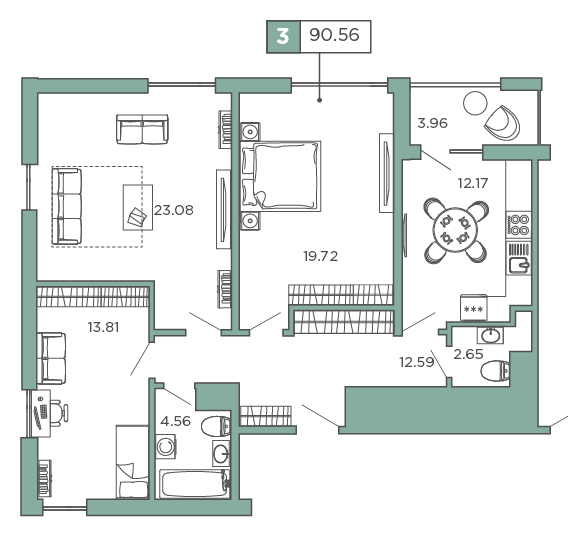 3-комнатная, 90.56 м² — ЖК ЖК Promenade (Променад)
