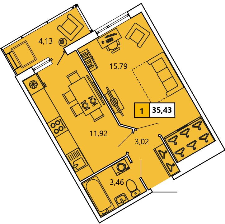 1-комнатная, 35.43 м² — ЖК ЖК «Ол Инклюзив (All Inclusive)»