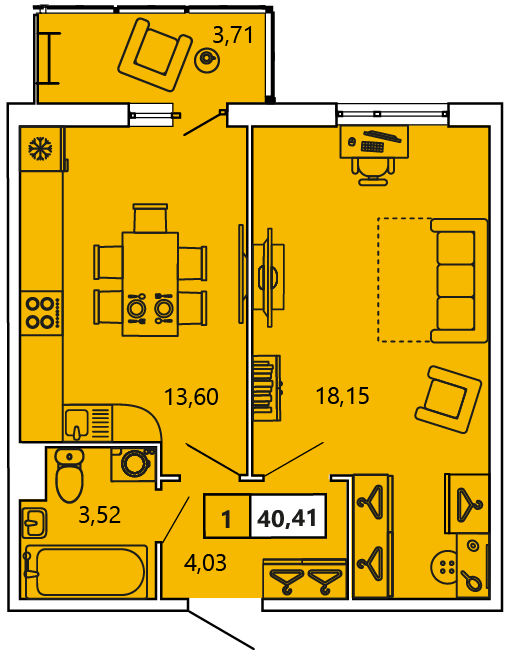 1-комнатная, 40.41 м² — ЖК ЖК «Ол Инклюзив (All Inclusive)»