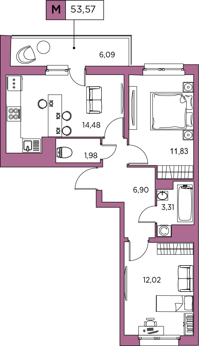 2-комнатная, 53.57 м² — ЖК ЖК Аквилон Sky (Аквилон Скай)