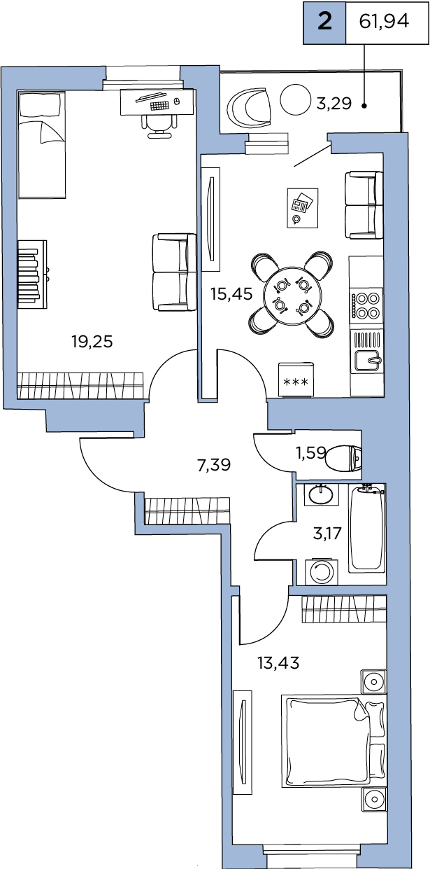 2-комнатная, 61.93 м² — ЖК ЖК Аквилон Sky (Аквилон Скай)
