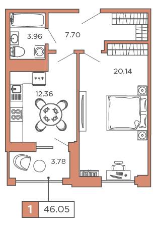 1-комнатная, 46.05 м² — ЖК ЖК Promenade (Променад)